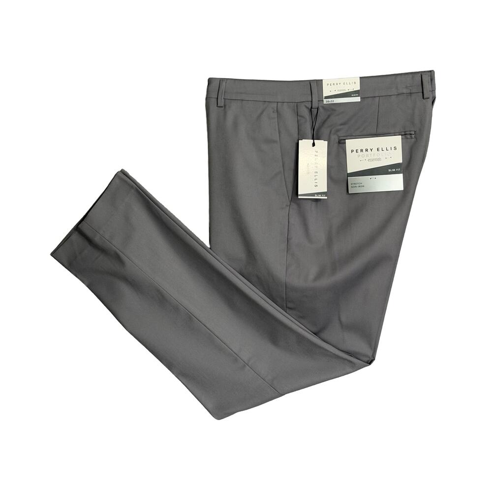 Perry Ellis Portfolio Pants Men's 38"x32" Slim Fit Dress Pant Chiseled Stone NEW